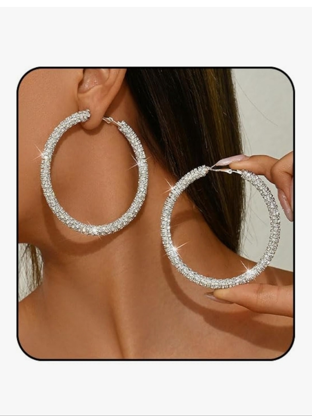 73mm Sparkling Silver Rhinestone Hoop Earrings for Women